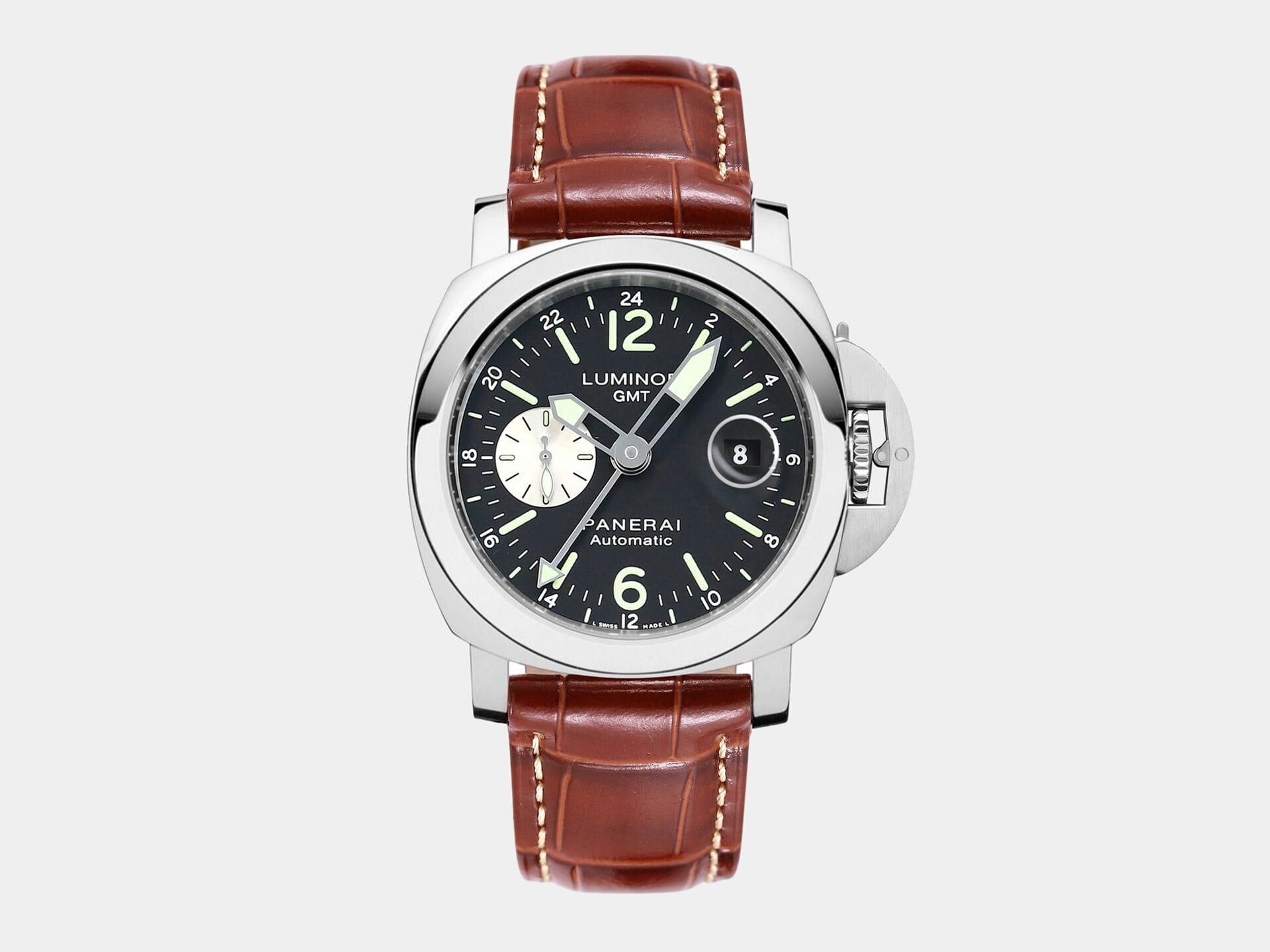 VS Factory Panerai Luminor GMT PAM088 Black Dial 904L Steel Brown Leather P.9001 Movement