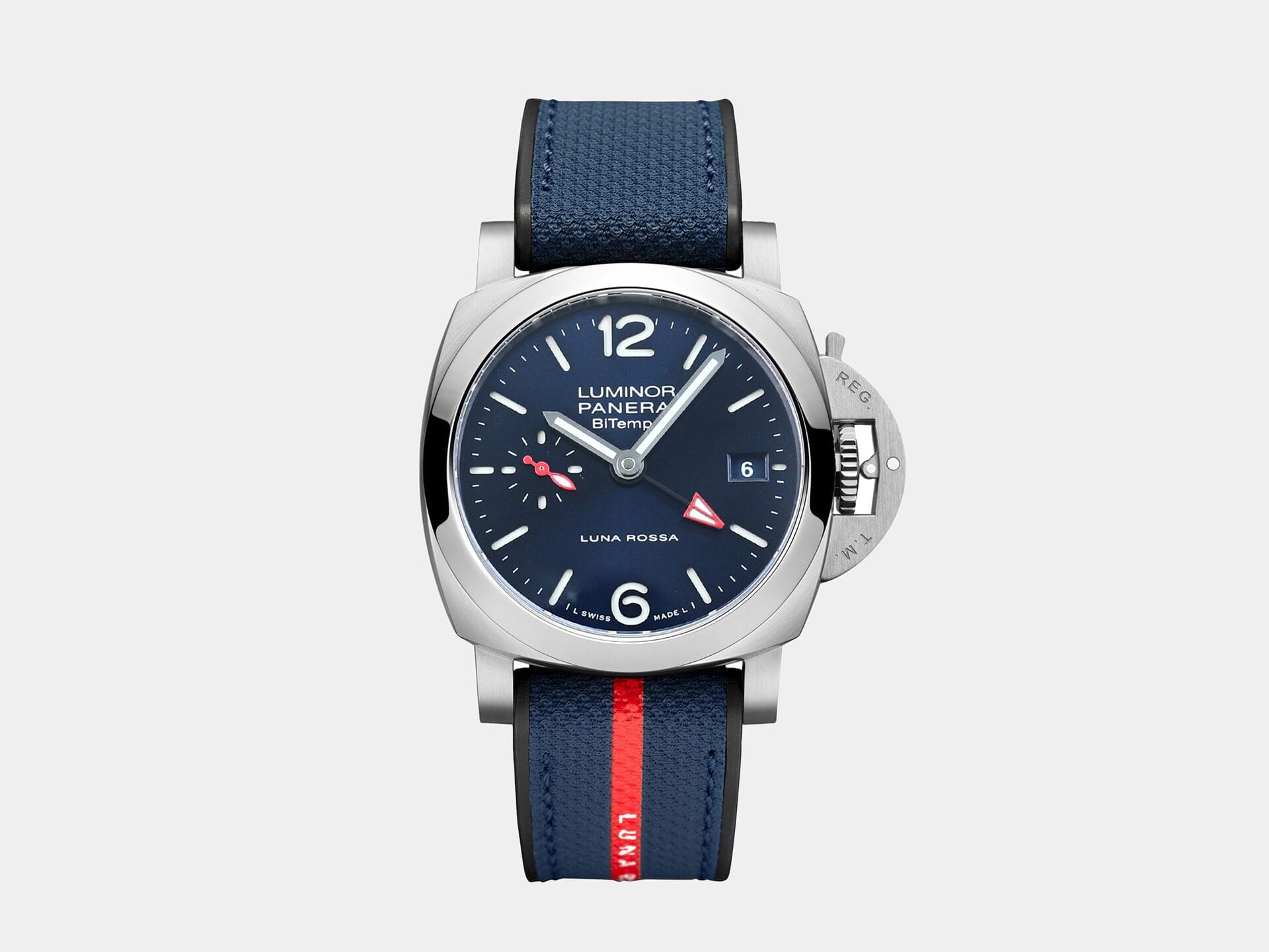 VS Factory Panerai Quaranta BiTempo PAM1404 Luna Rossa SS Case Blue Nylon Stra P.900 Movement