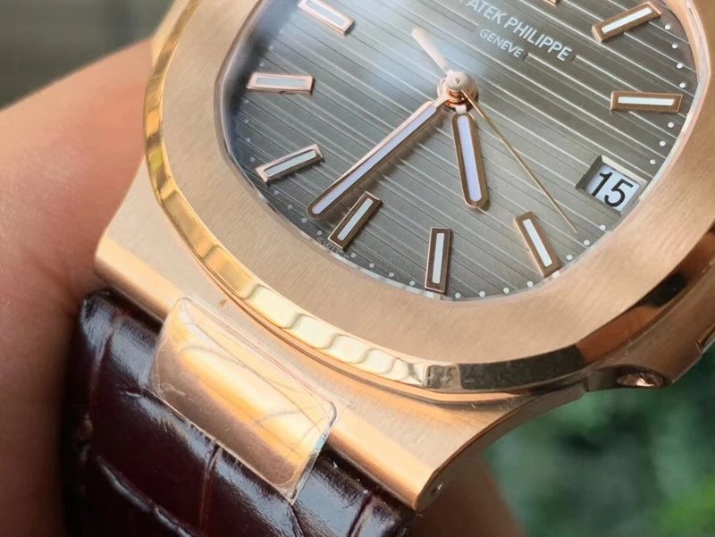 Patek Philippe Nautilus Rose Gold Brown Leather Strap grey Dial Super Clone - Image 4