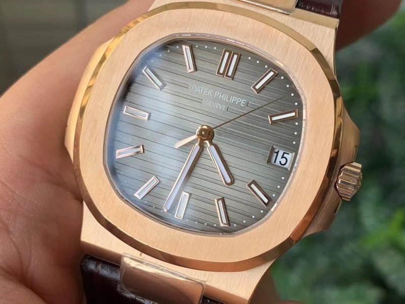 Patek Philippe Nautilus Rose Gold Brown Leather Strap grey Dial Super Clone - Image 3