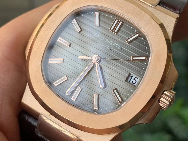 Patek Philippe Nautilus Rose Gold Brown Leather Strap grey Dial Super Clone - Image 8