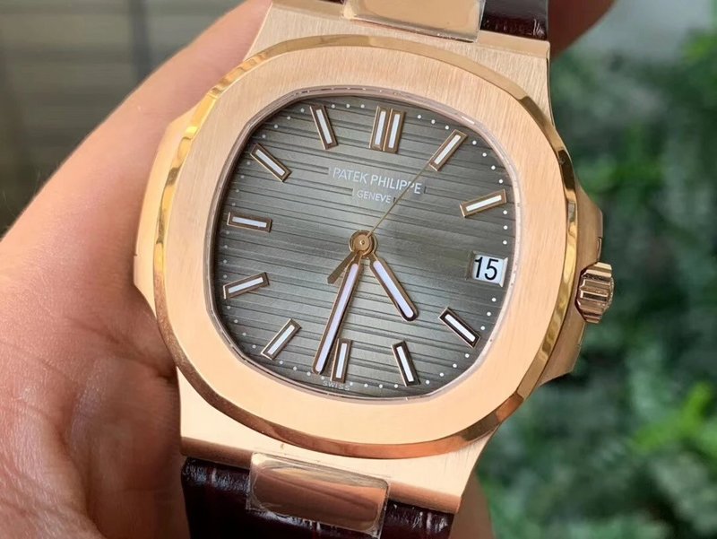Patek Philippe Nautilus Rose Gold Brown Leather Strap grey Dial Super Clone - Image 2