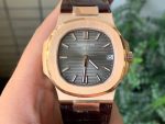 Patek Philippe Nautilus Rose Gold Brown Leather Strap grey Dial Super Clone