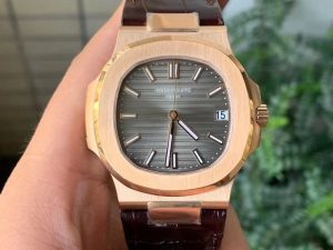 Patek Philippe Nautilus Rose Gold Brown Leather Strap grey Dial Super Clone