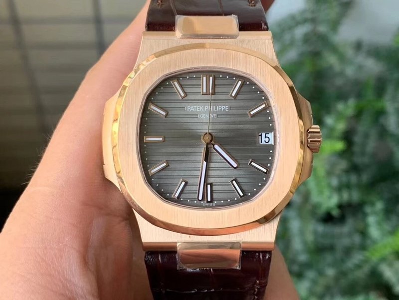 Patek Philippe Nautilus Rose Gold Brown Leather Strap grey Dial Super Clone