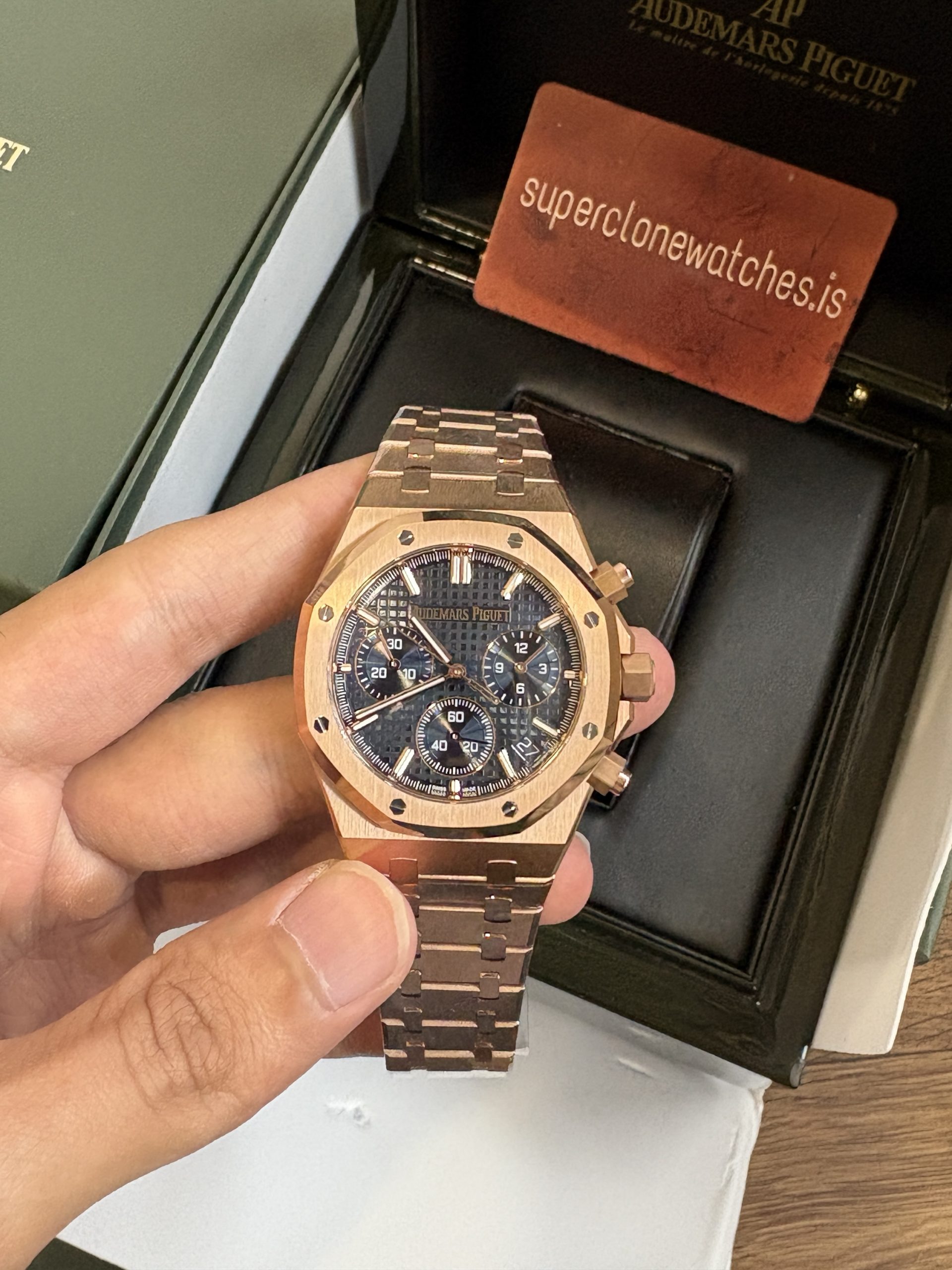 Audemars Piguet Royal Oak Chronograph Rose Gold Blue Dial Ref 26240 Super Clone - Image 2