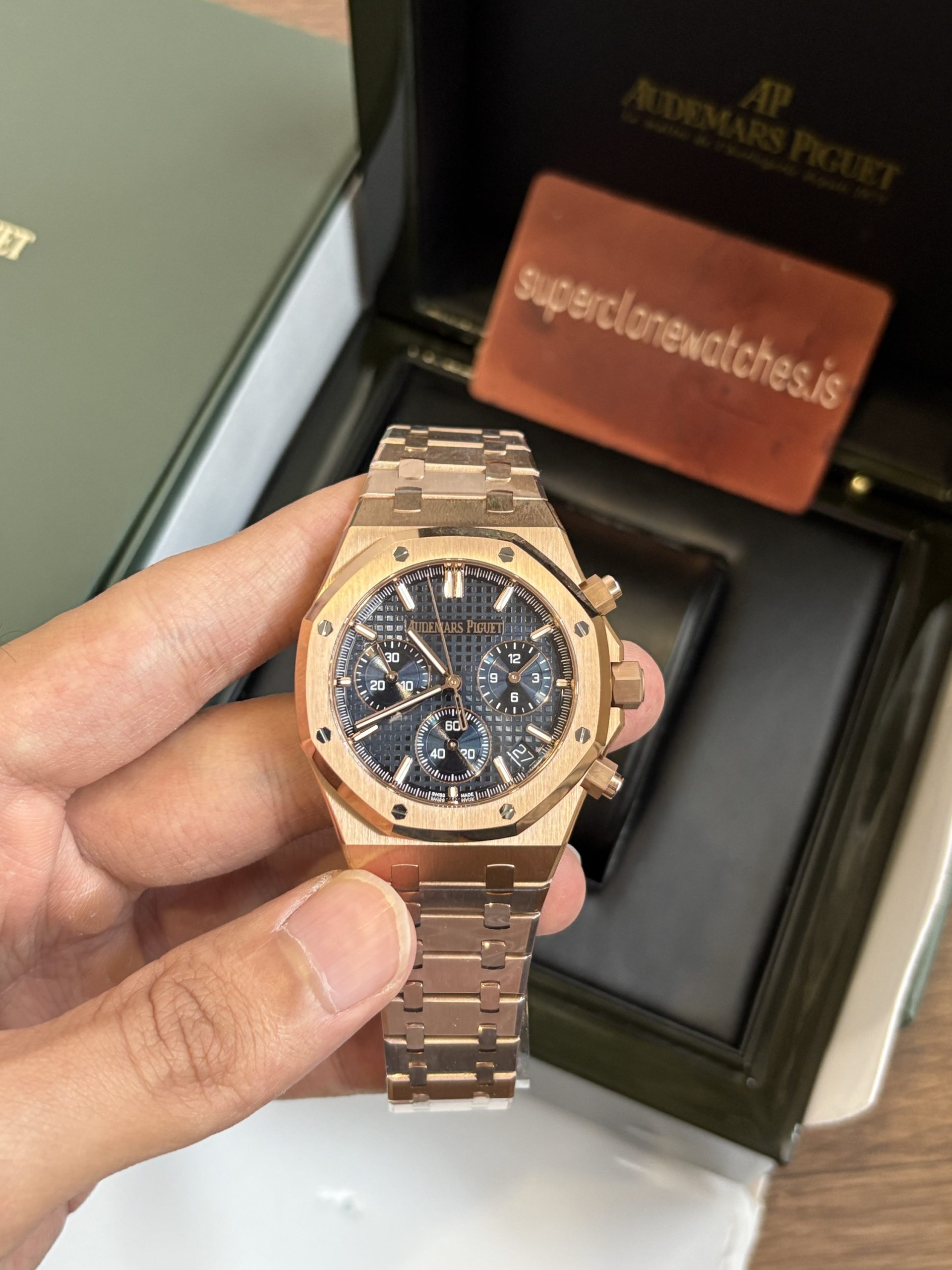 Audemars Piguet Royal Oak Chronograph Rose Gold Blue Dial Ref 26240 Super Clone - Image 10