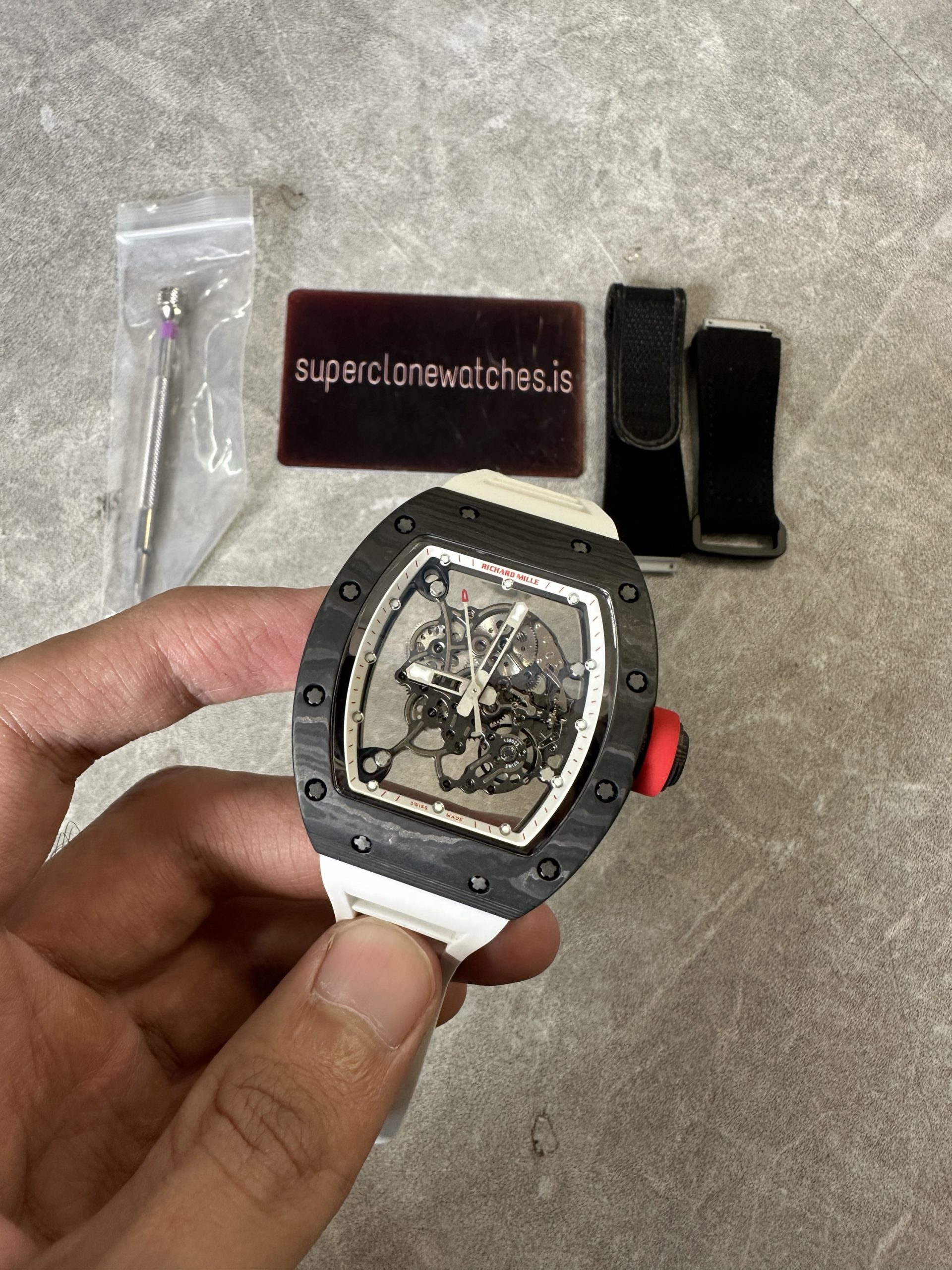 RM055 Black NTPT Carbon Fiber Case White Strap - Image 4