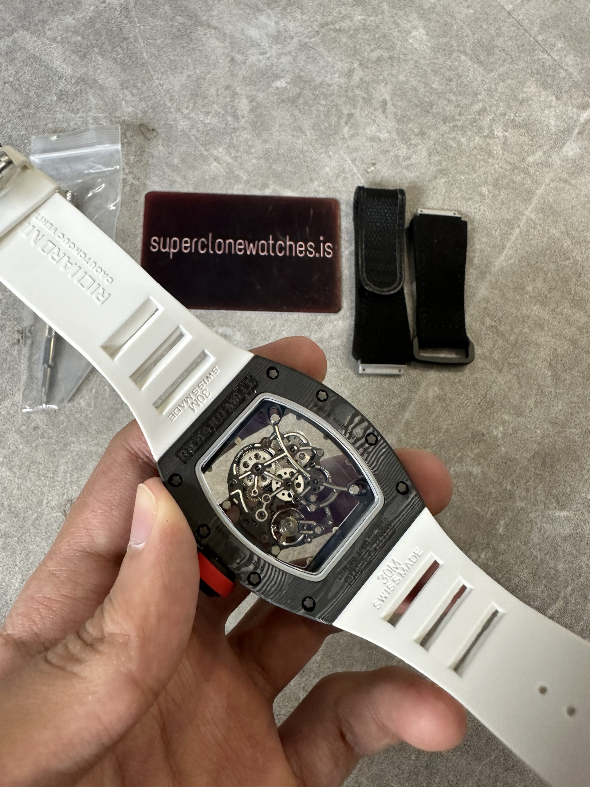 RM055 Black NTPT Carbon Fiber Case White Strap - Image 7