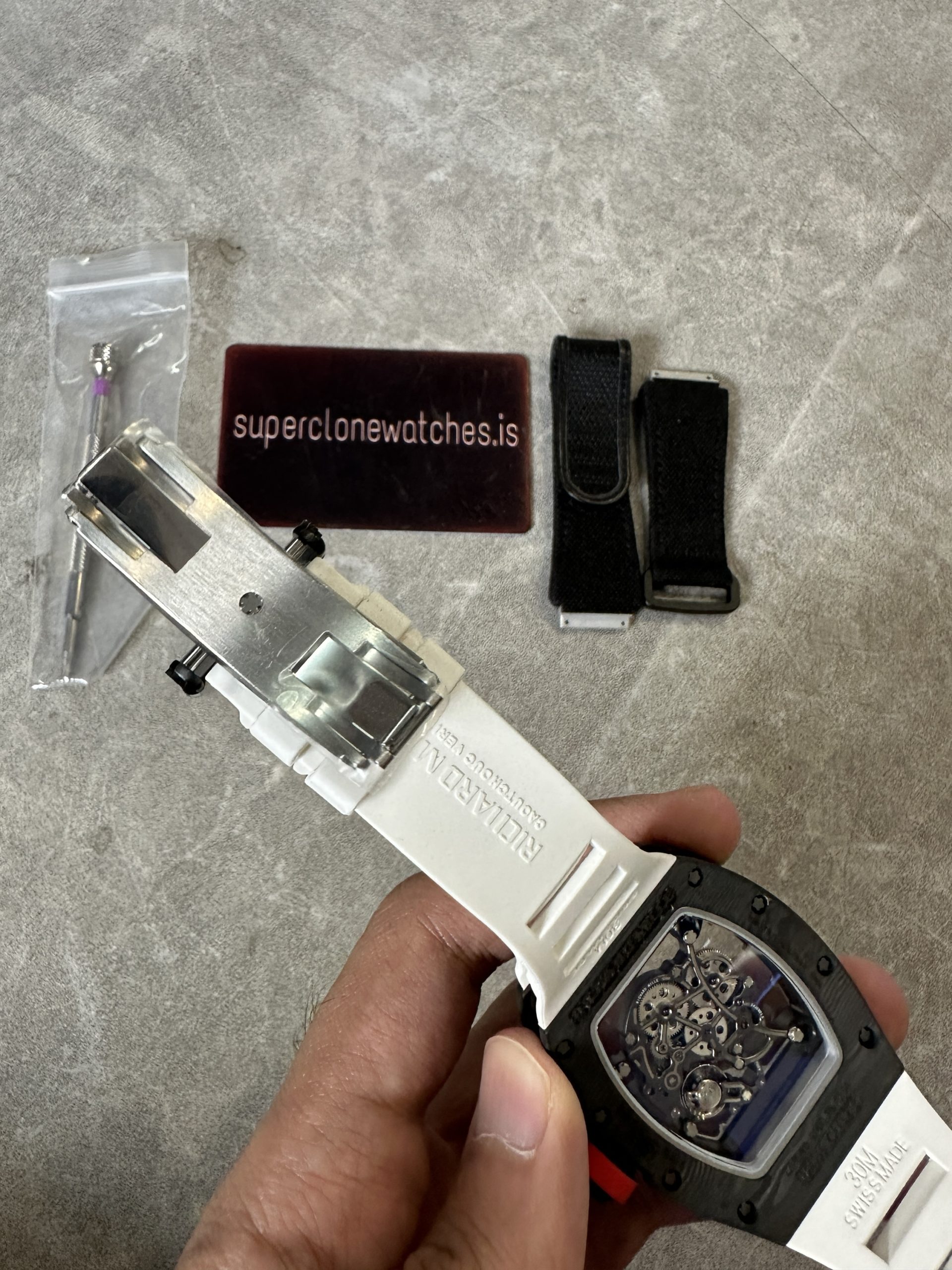 RM055 Black NTPT Carbon Fiber Case White Strap - Image 3