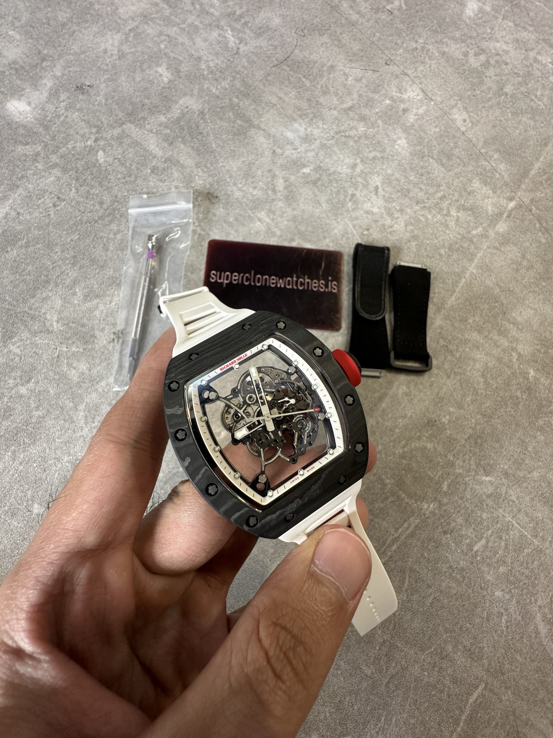 RM055 Black NTPT Carbon Fiber Case White Strap - Image 6